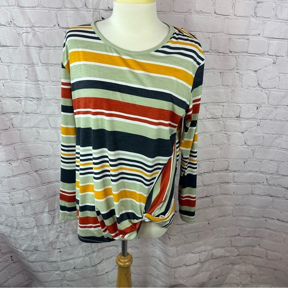 boutique Striped Multicolor Women's Top with front twist 3/4 sleeve sz L - Picture 1 of 6